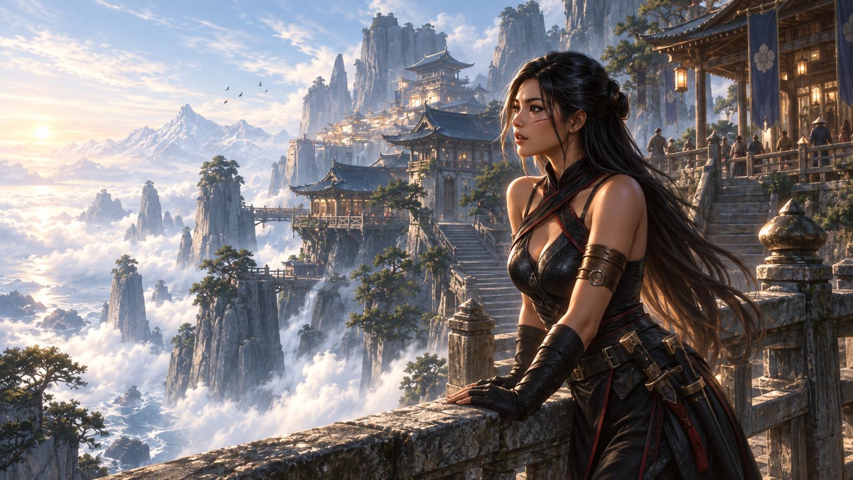 Kimiko looks out over the sunlit terraces of Kasumori.