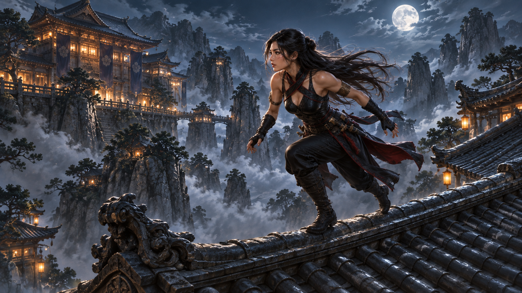 Kimiko runs across moonlit rooftops toward the royal halls.